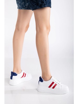 Erceka Kadın Spor Ayakkabı Sneaker Günlük Kullanıma Uygun  Bağcıklı  Beyaz Siyah Kırmızı & Mavi