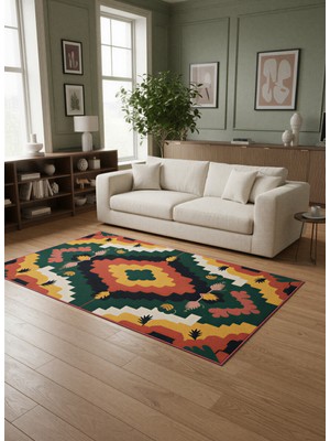 Rose'n Home Arte HD033 Çiçek Figürlü Renkli Geometrik Dekoratif Şönil Salon Oturma Odası Mutfak Halısı