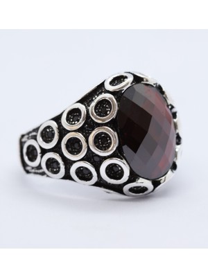 Canka Kırmızı Taşlı 925 Ayar Gümüş Erkek Yüzük