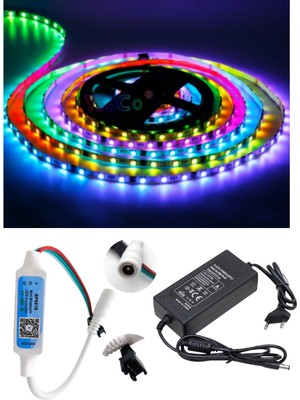 Powerr Led Aydınlatma 5 Metre 12V Iç Mekan 60 Pixel Ledli Bluetooth Cep Telefonundan Kumandalı 5A Plastik Adaptörlü Set