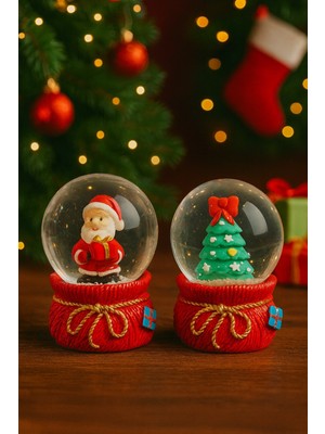 Mini Kar Küresi 6,5 cm Çam Ağacı ve Noel Baba Temalı 2’li Set
