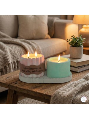 Miaju Romantik ve Modern Uyum, Kişiye Özel Isim Yazılı Iki Mumlu Üçlü Kombin Set, Dekoratif Hediye, Pembe