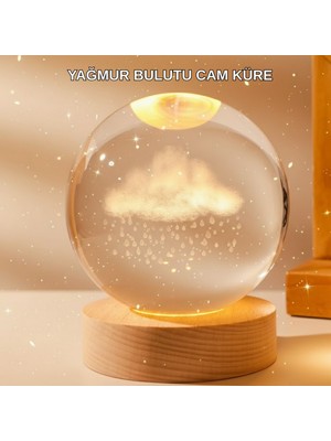 Zero Land Techmrt 8 cm 3D Yağmur Bulutu Kristal Küre LED Gece Lambası Ahşap Standlı Tasarım Lamba