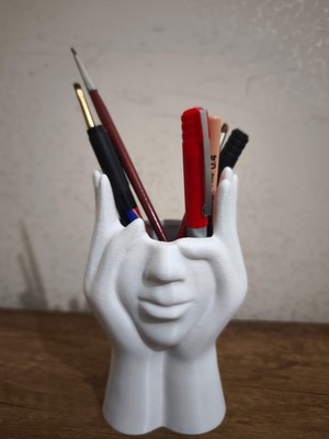 Hediyehanem Modern Tasarım Yüz Figürlü Dekoratif Kalemlik ve Fırçalık - Beyaz 15 cm Ofis ve Masaüstü Aksesuarı