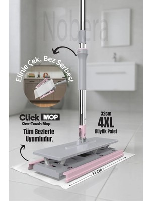 Nobera Click Mop – Kıskaçlı Sıkıştırmalı Mop | Tüm Bezlere Uyumlu, 360° Hareketli Başlık, 8 Bez Hediye