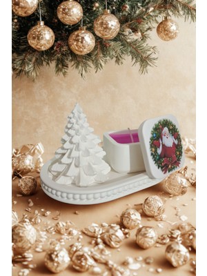 Yılbaşı Temalı Mumluk, Taş Tozlu Çam Ağacı Biblo ve Boncuklu Sunum Tabağı