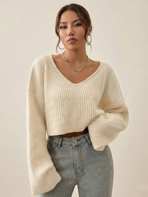 İnci Zehra Kadın V Yaka Krem Crop Top Bluz