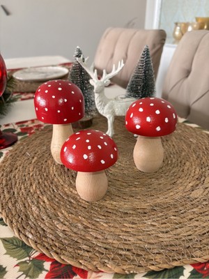 3’lü Ahşap Mantar Dekorasyon Seti, Kırmızı, Yılbaşı ve Noel Temalı