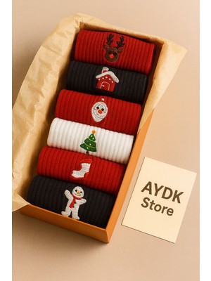 Feyza Design Yılbaşı Temalı Nakışlı 6'lı Pamuklu Çorap Seti, Özel Kutulu, Yazlık ve Kışlık