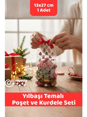 Feyza Design Yılbaşı Temalı 13X27,5 cm Opp Yapışkansız Poşet ve Kurdele Seti
