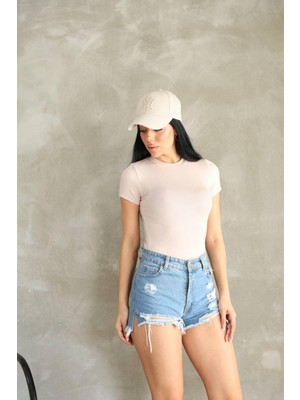 Moda Banuş Premıum Kalite Bej Esnek Buzzy Kumaş Bisiklet Yaka Kısa Kol Basic Body