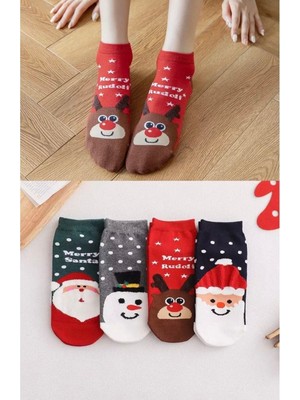 Feyza Design Yılbaşı Desenli Kadın Yıkamalı Bilek Patik Çorap Seti