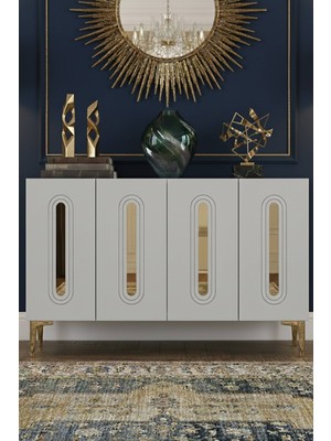 Yumedi Design KA1206BG - Ethema Konsol, Tv Sehpası, Çok Amaçlı Dolap ve Kahve Köşesi 120CM Beyaz-Gold