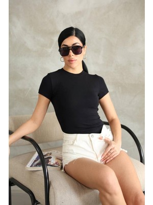 Moda Banuş Premıum Kalite Esnek Buzzy Kumaş Bisiklet Yaka Kısa Kol Basic Body