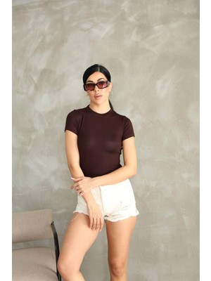 Moda Banuş Premıum Kalite Esnek Buzzy Kumaş Bisiklet Yaka Kısa Kol Basic Body