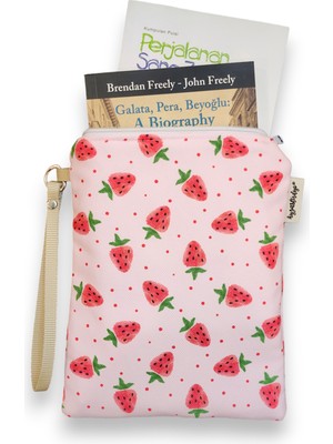Ayza Stüdyo Pembe Çilek Desenli Portföy Clutch Çantası - Kozmetik Çanta - Çok Amaçlı Çanta (23X16 Cm)