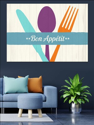 Bon Appetit Yazılı Çatal Dekoratif Kanvas - Mdf Ahşap Tablo