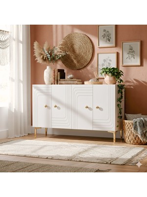 Yumedi Design KA1209BG - Kanel Konsol ,tv Sehpası , Çok Amaçlı Dolap, Kahve Köşesi 120CM BEYAZ-GOLD