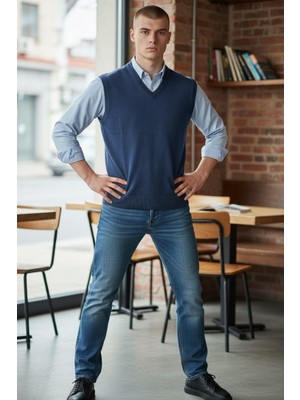 Gömlek Galerisi Erkek Regular Fit Düz V Yaka Süveter Yünlü Triko Kazak