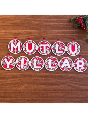 Buffer® 11 Harfli Kırmızı Beyaz Ipli Mutlu Yıllar Yazılı Ahşap Yılbaşı Ağaç Süsü