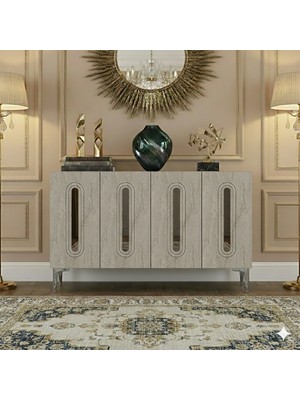 Yumedi Design KA1206BTS - Ethema Konsol, Tv Sehpası, Çok Amaçlı Dolap ve Kahve Köşesi 120CM Beyaz-Traverten-Silver