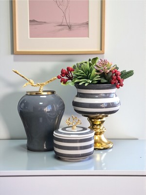 Gri Zebra Ayaklı Saksı ve Gold Kutu ile Şık Salon Dekoru Seti