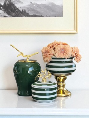 Yeşil Zebra Ayaklı Saksı ve Kutu Seti, Şah ve Gold Detaylı Dekoratif Obje