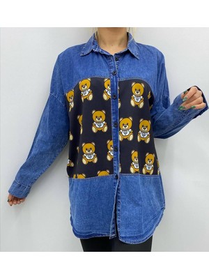 Miskoza Oversize Kot Gömlek Ayıcık Desenli, Günlük Sokak Stili Kadın Gömlek