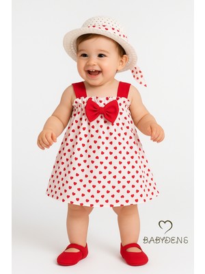 Babyden's Kız Bebek Kalp Desenli Fiyonklu Yazlık Elbise Şapkalı Takım - Kırmızı Beyaz Pamuklu Bebek Elbisesi