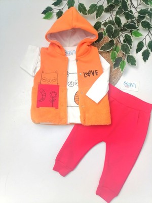 Özlem Bebe Kedi Figürlü Kapüşon Yelekli Turuncu Takım 12-18 Ay