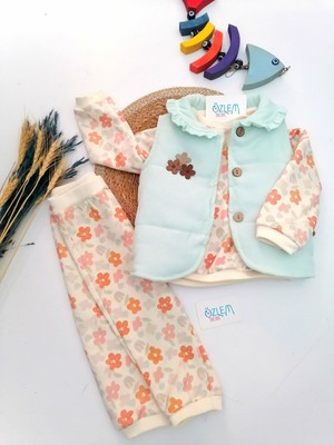 Genel Yelekli Çiçek Desen 3lü Takım Mint Yeşili - 12-18 Ay