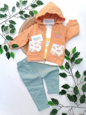 Genel Çiçek Cepli Kapüşon Ceketli 3'lü Takım Somon - 18 Ay