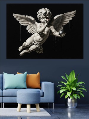Siyah Zemin Melek Heykeli Dekoratif Kanvas - Mdf Ahşap Tablo