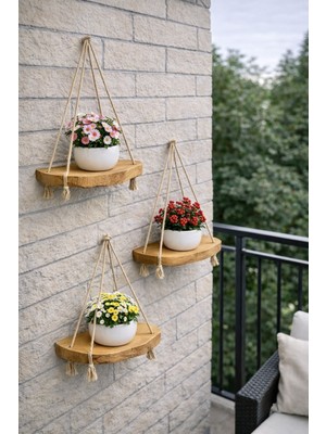 3'lü Set Doğal Ahşap Kütük Jüt Ipli Rustik Dekoratif Duvar Rafı