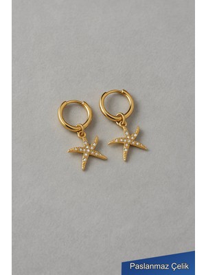 Trend Collection Altın Renk Taşlı Deniz Yıldızı Figürlü Paslanmaz Çelik Halka Küpe