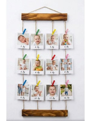 Atatuğ Hediyelik Kişiye Özel 12 Fotoğraf Baskılı Ahşap Ipli Mandallı Duvar Panosu (25X57 Cm) - 1 Yaş & Sevgili & Arkadaş & Aile Konseptli