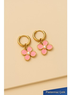 Trend Collection Altın Renk Halka Tasarımlı Pembe Çiçek Inci Detaylı Paslanmaz Çelik Küpe