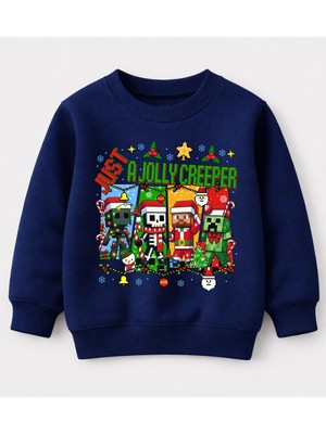 Efendioğlu Design Sweatshirt Just A Jolly Creeper Baskılı Yeni Yıl Yılbaşı 3 Iplik Şardonsuz Pamuklu Çocuk Sweatshirt
