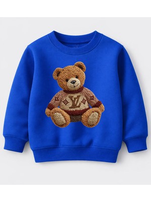 Efendioğlu Design Sweatshirt Nakış Görünümlü Kazak Giymiş Ayı Baskılı Pamuklu 3 Iplik Şardonsuz Çocuk Sweatshirt