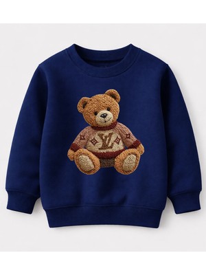 Efendioğlu Design Sweatshirt Nakış Görünümlü Kazak Giymiş Ayı Baskılı Pamuklu 3 Iplik Şardonsuz Çocuk Sweatshirt