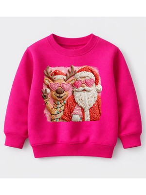 Efendioğlu Design Sweatshirt Kalpgözlü Geyik ve Noel Baba Baskılı Pamuklu 3 Iplik Çocuk Sweatshirt