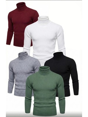 Velmora Fashion 5'li Siyah, Beyaz, Bordo, Gri, Haki Unisex Kaşkorse Boğazlı Full Likralı Fitilli Body Kazak