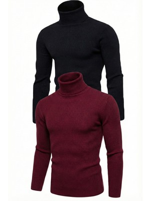 Velmora Fashion 2'li Siyah Bordo Unisex Kaşkorse Boğazlı Full Likralı Fitilli Body Kazak