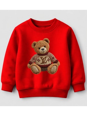 Efendioğlu Design Sweatshirt Nakış Görünümlü Kazak Giymiş Ayı Baskılı Pamuklu 3 Iplik Şardonsuz Çocuk Sweatshirt