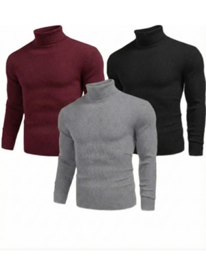 Velmora Fashion 3'lü Siyah, Bordo, Gri Unisex Kaşkorse Boğazlı Full Likralı Fitilli Body Kazak