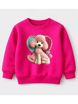 Efendioğlu Design Pembe Poodle Baskılı Erkek Çocuk Sweatshirt 3 İplik Şardonsuz Rahat Kullanım