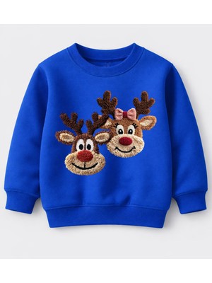 Efendioğlu Design Sweatshirt 2 Geyik Nakış Görüntü Baskılı Yılbaşı Yeni Yıl Pamuklu 3 Iplik Şardonsuz Çocuk Sweat