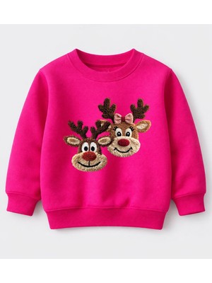 Efendioğlu Design Sweatshirt 2 Geyik Nakış Görüntü Baskılı Yılbaşı Yeni Yıl Pamuklu 3 Iplik Şardonsuz Çocuk Sweat