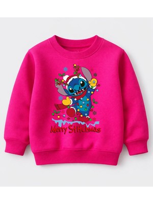 Efendioğlu Design Sweatshirt Işıklı Stitch Baskılı Yılbaşı Yeni Yıl Pamuklu 3 Iplik Şardonsuz Çocuk Sweatshirt