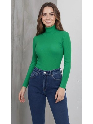 Velmora Fashion Velmora Premium Tam Boğazlı Fitilli Likrali Kaşkorse Badi Ince Uzun Kollu Kazak - Çimen Yeşili